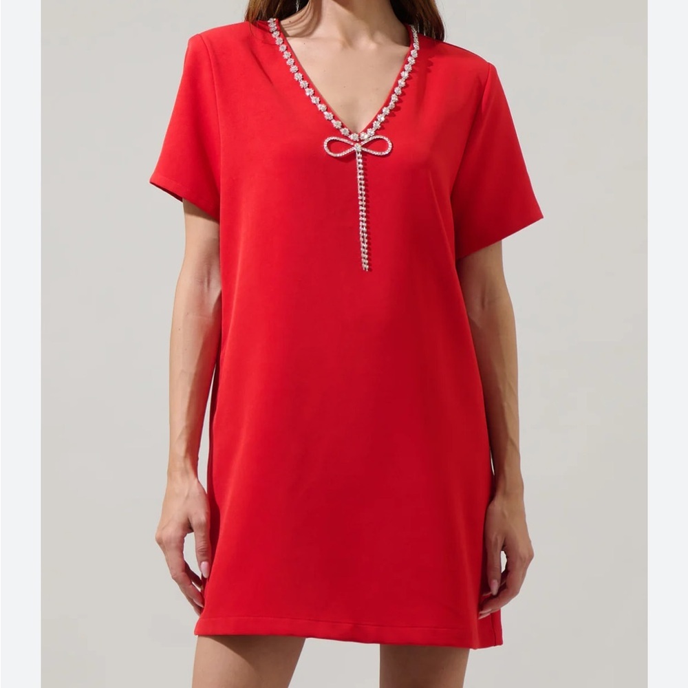 Sugarlips Stazie V-Neck Shift Mini Dress | Rhinestone Bow | Size Medium NWOT